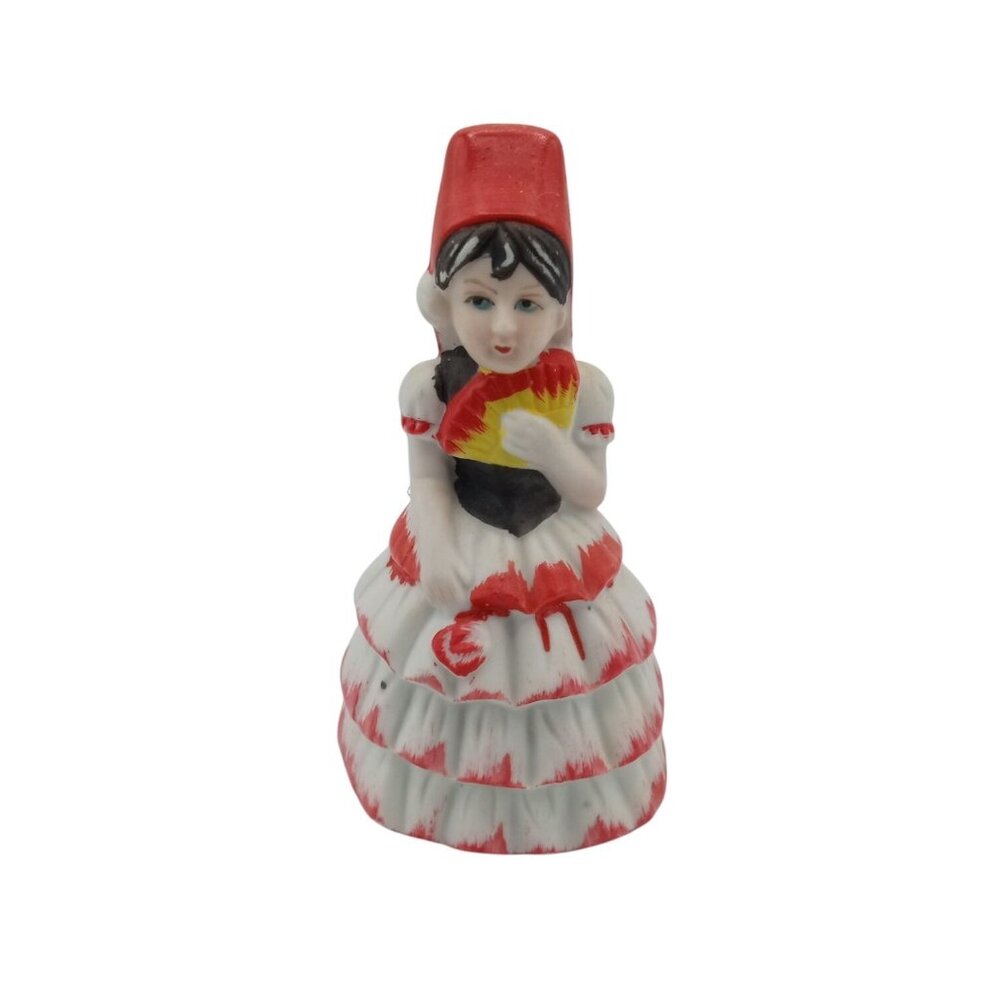 Bell Bisque Porcelain Flamenco Dancer Girl Hat Dress Fan Vintage 4.5 Inches